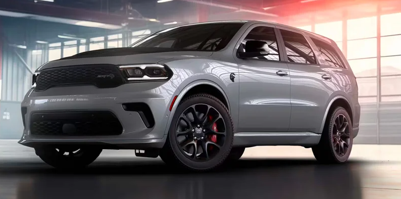 A photo of a silver Dodge Durango parked inside a dealership.